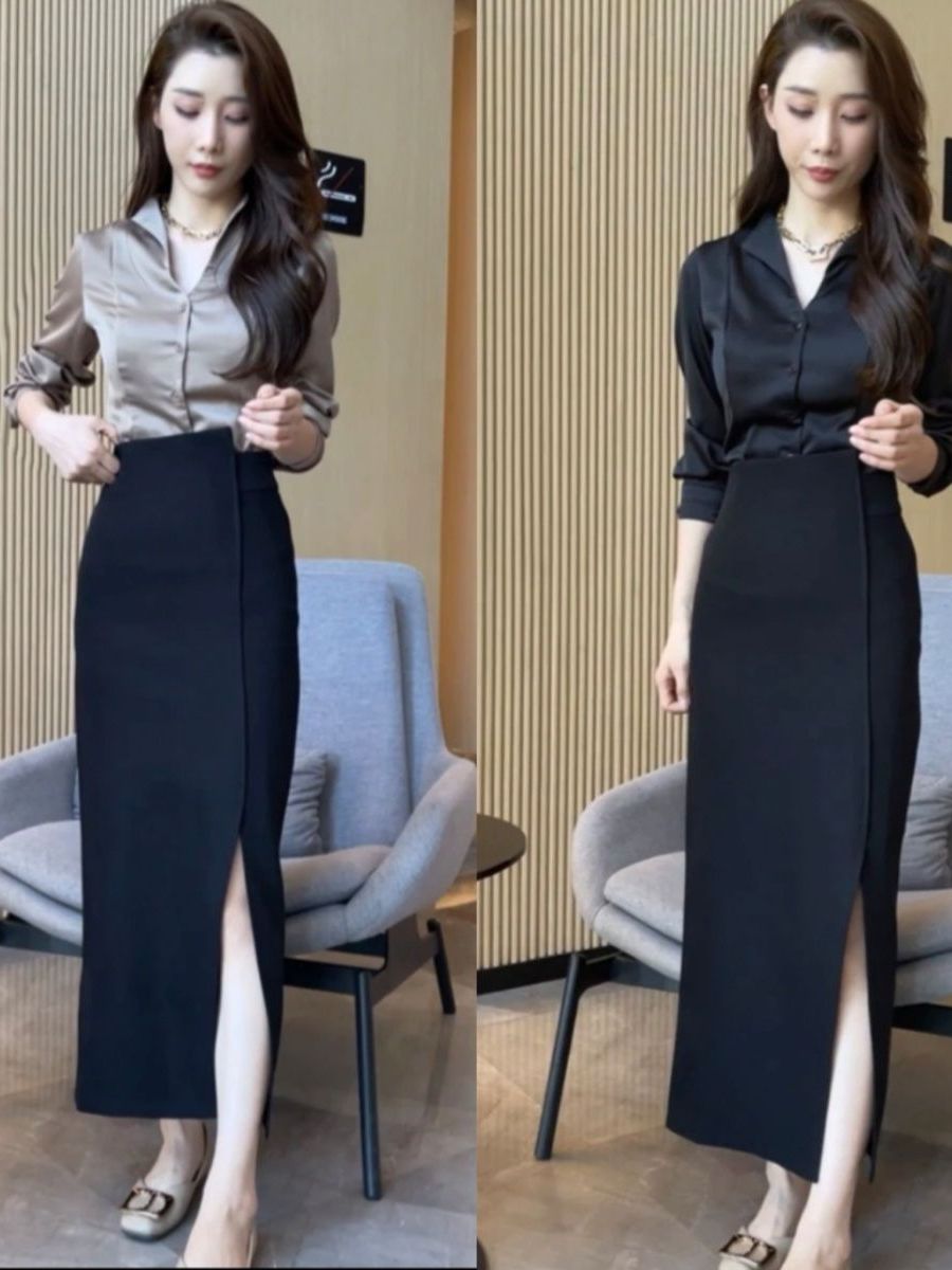 Elegant High Waist Slit Satin  - Women Fashion Over The Years 评论和价格
